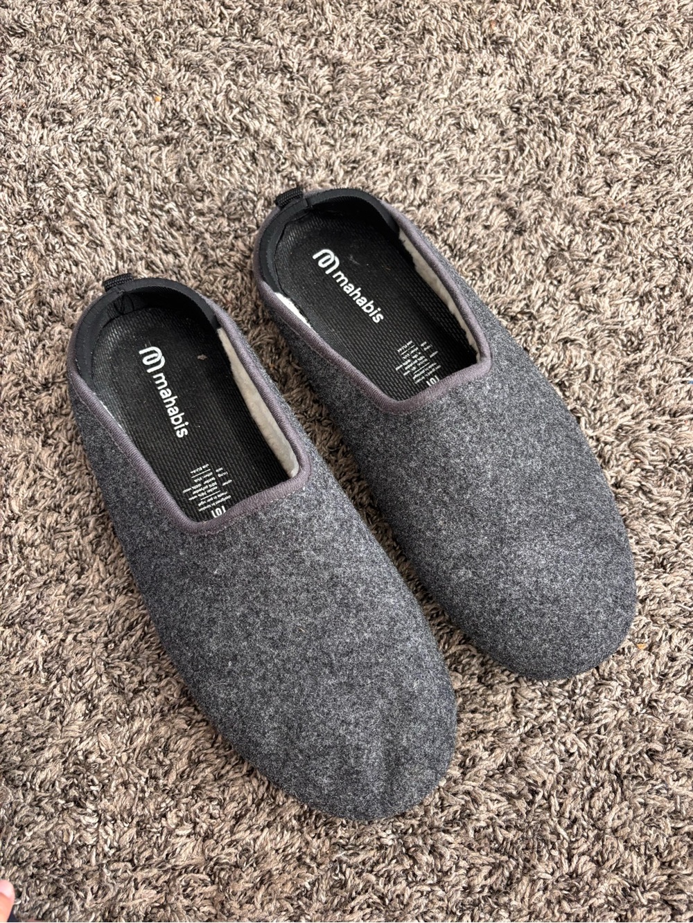 Mahabis Classic Grey Wool Felt Slippers Mules Men’s Size EU 44 / US 10.5-11